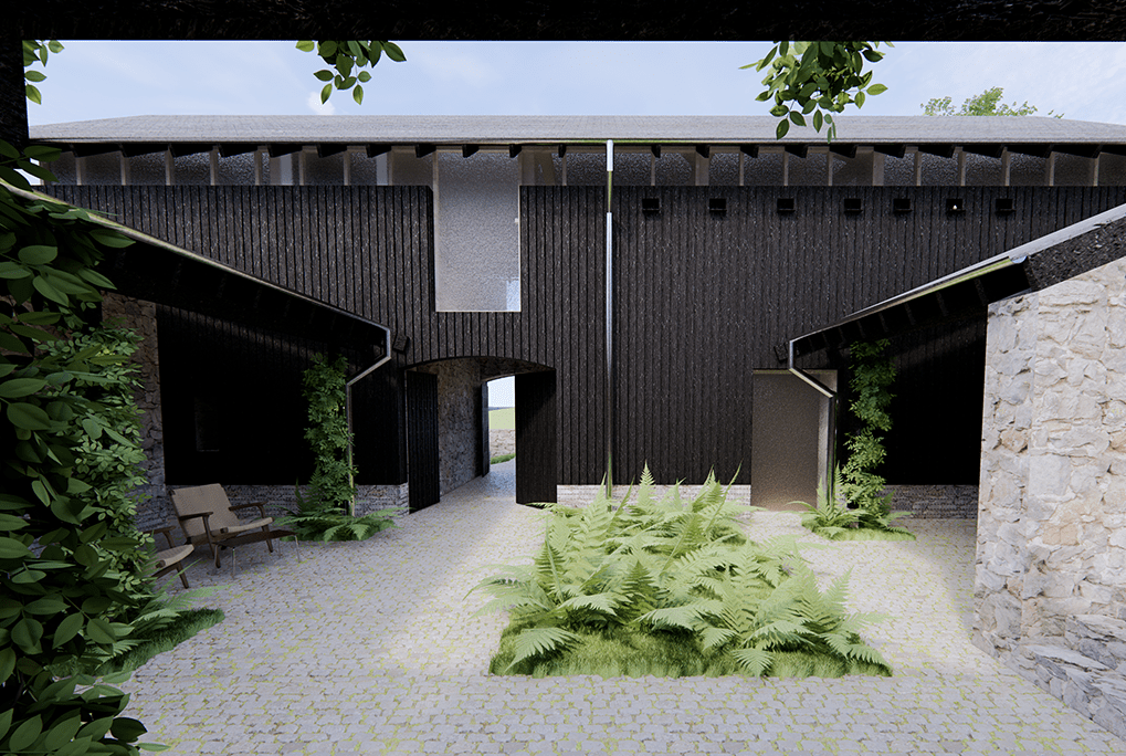 A courtyard and a charred wood barn conversion.